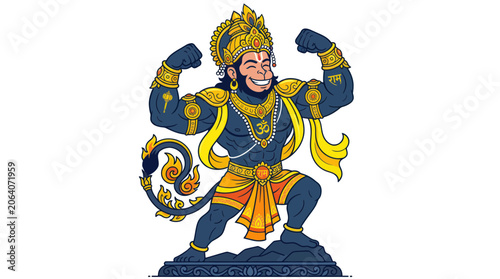 Canvas Print Strong hindu deity hanuman flexing muscles in a vibrant cartoon style