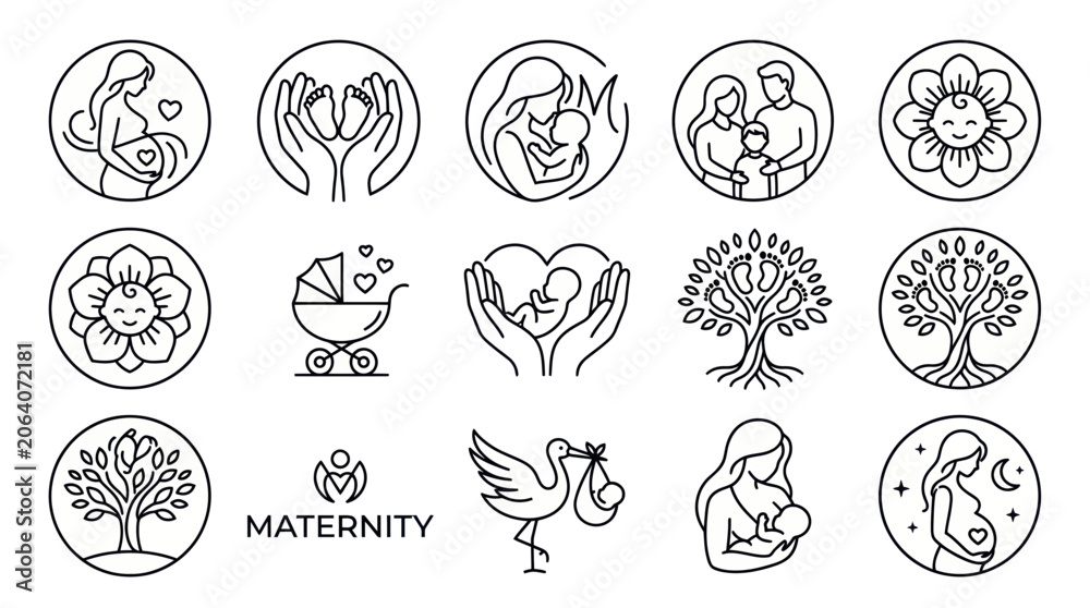 Obraz premium Maternity and parenthood line art icons for family branding