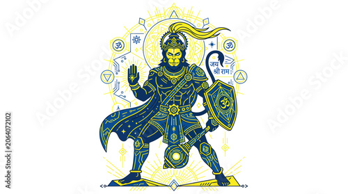 Quadro su tela Lord hanuman warrior deity with mace and sacred symbols