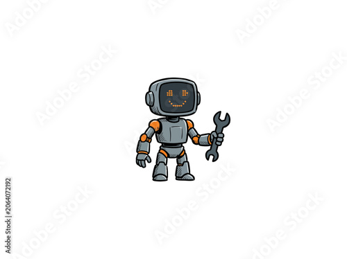 Friendly Factory Mechanic Robot With Grey And Orange Body, Pixel Smiley Screen Head And A Metallic Wrench In Hand, Designed For Repairs And Industrial Service, Vector Illustration