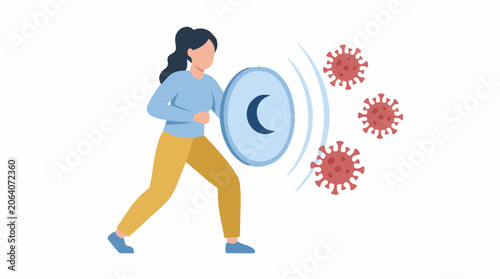 Canvas-taulu Woman with shield defending against virus cells, health protection concept