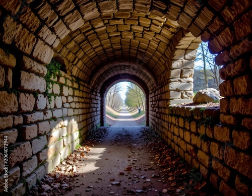 Sunlit Underground Tunnel with Mossed Arched Ceiling