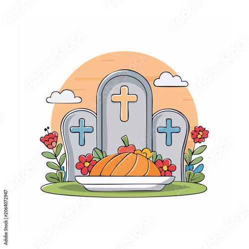Graveyard scene with gravestones, pumpkin, and flowers