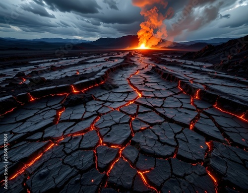 Volcanic Landscape with Glowing Fissures and Rugged Terrain