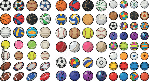 Sports balls mega vector line icon set bundle featuring colorful soccer basketball volleyball tennis golf baseball rugby american football cricket and bowling gear equipment graphics for commercial br
