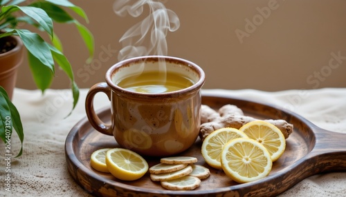 Cozy Herbal Tea with Ginger and Lemon Rustic Tray