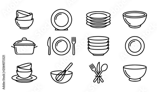 Schilderij op canvas Plate and bowl line icon vector set with kitchenware and crockery symbols