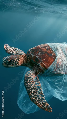 Turtle entangled in a plastic bag, ocean pollution, environment