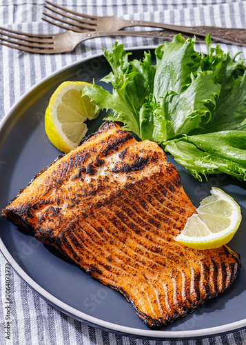BBQ salmon fish on plate with fresh salad