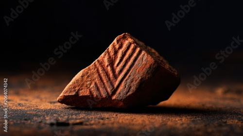 Striking terracotta fragment with distinctive chevron pattern on a dark, dust covered surface