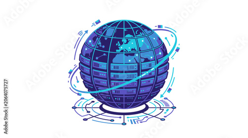 Global Data Center Network Globe with Server Racks and Circuits