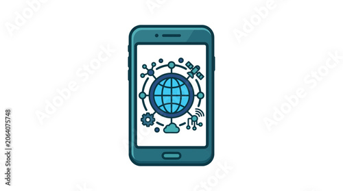 Smartphone displaying global network technology and connectivity icons