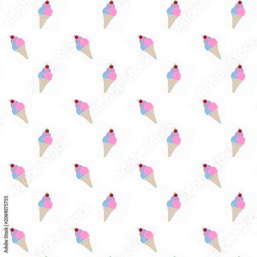 ​Seamless pattern of colorful ice cream cones with cherry on top isolated on white background. Perfect for summer wrapping paper or textile fabric print.