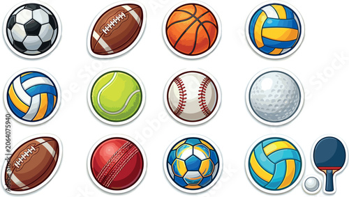 Sports balls vector sticker icon set featuring soccer football rugby basketball volleyball tennis baseball golf cricket and table tennis equipment for school athletic branding tournament graphics.