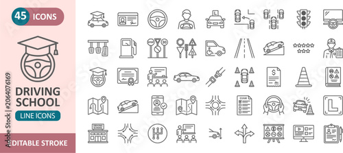 Foto Driving school line icons set for driver education and traffic rules with educat