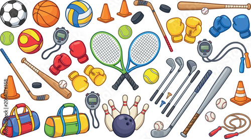 Sports equipment vector line icon set bundle featuring balls bats boxing gloves tennis rackets golf clubs stopwatches cones jump ropes bags and bowling pins for athletic tournament design elements.