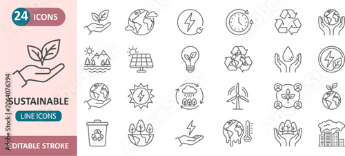 Quadro su tela Sustainable living and environmental protection line icon set with eco friendly