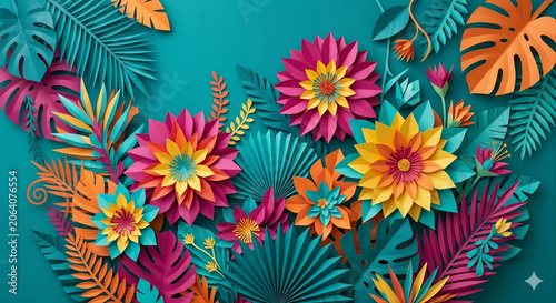 Vibrant Abstract Tropical Garden Background Crafted with Layered Paper Flowers and Exotic Leaves on Teal