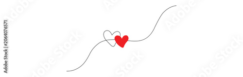 Continuous line drawing of two hearts with red color accent, minimalist love concept vector