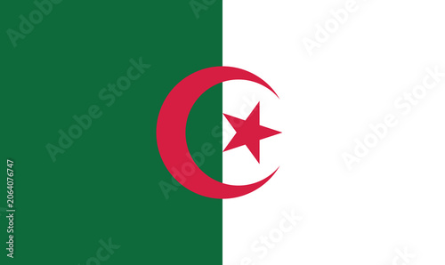 Photos Algeria flag featuring two vertical halves in green and white with a red crescent and star symbolizing Islam, independence, and national identity