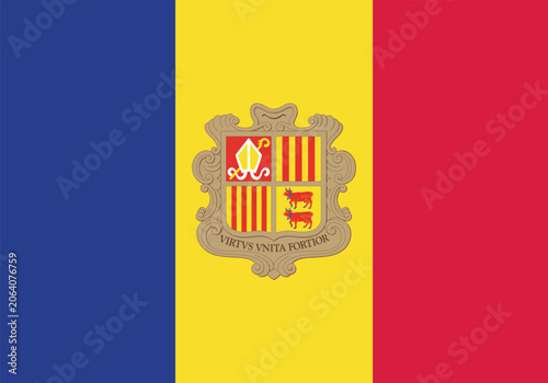 Photos Andorra flag featuring vertical blue, yellow, and red stripes with the national coat of arms centered, symbolizing independence, heritage, and unity