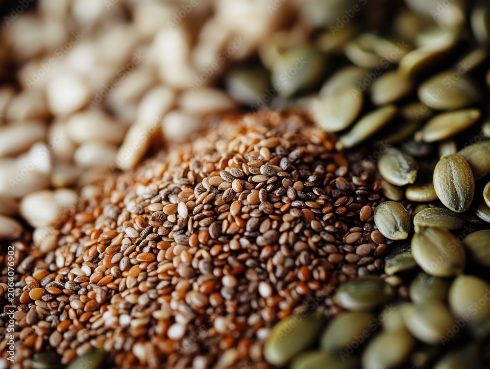 Obraz premium Assorted seeds including flax, pumpkin, sesame, and sunflower presented in detailed close-up arrangement highlighting structured nutrition planning