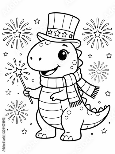 A cute dinosaur is wearing a top hat adorned with stars and a warm scarf.