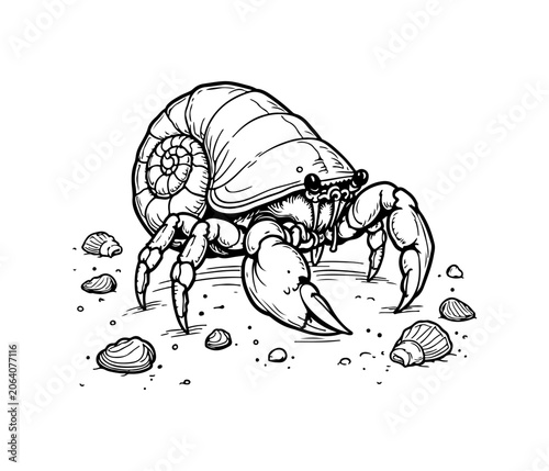 Hermit crab on sand with seashells line art illustration.
