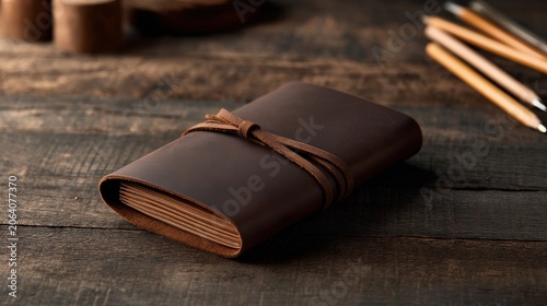 Elegantly crafted dark leather journal with wrap around strap resting on a textured wooden table