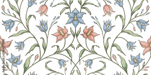 Floral seamless pattern with bell flowers and winding stems on isolated background. Watercolor botanical repeat for wallpaper, textiles and surface design. Decorative vintage floral backdrop.