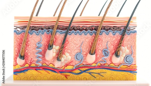 Detailed Cross-Section Illustration of Human Skin Showing Hair Follicles, Blood Vessels, Sebaceous Glands, and Dermis Structure for Educational Purposes