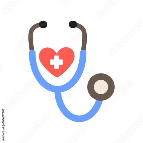 Flat stethoscope with heart medical icon symbolizing healthcare, cardiology, diagnosis, medical examination, wellness, and hospital services.