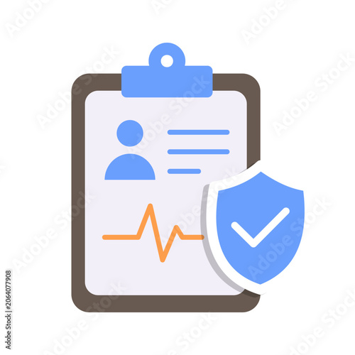 Flat medical clipboard with patient profile, heartbeat line, and security shield icon representing healthcare records, insurance, medical privacy, and data protection.