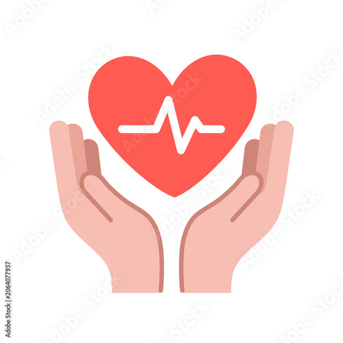 Flat hands holding heart with heartbeat symbol representing healthcare, compassion, wellness, medical support, charity, and heart protection.