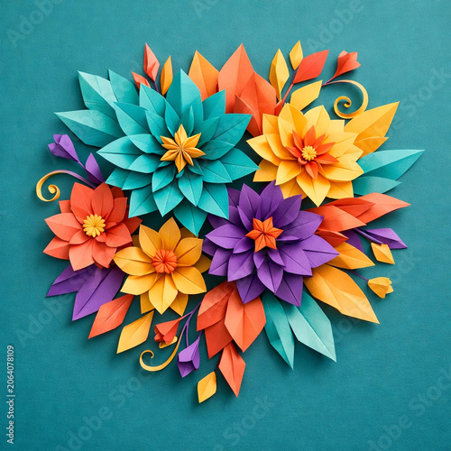 Intricate Origami Floral Arrangement on Teal Background