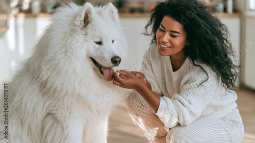 A woman interacting with her Samoyed dog in a cozy home setting, showcasing the bond between pets and their owners. Ideal for pet care, animal health, and lifestyle content.