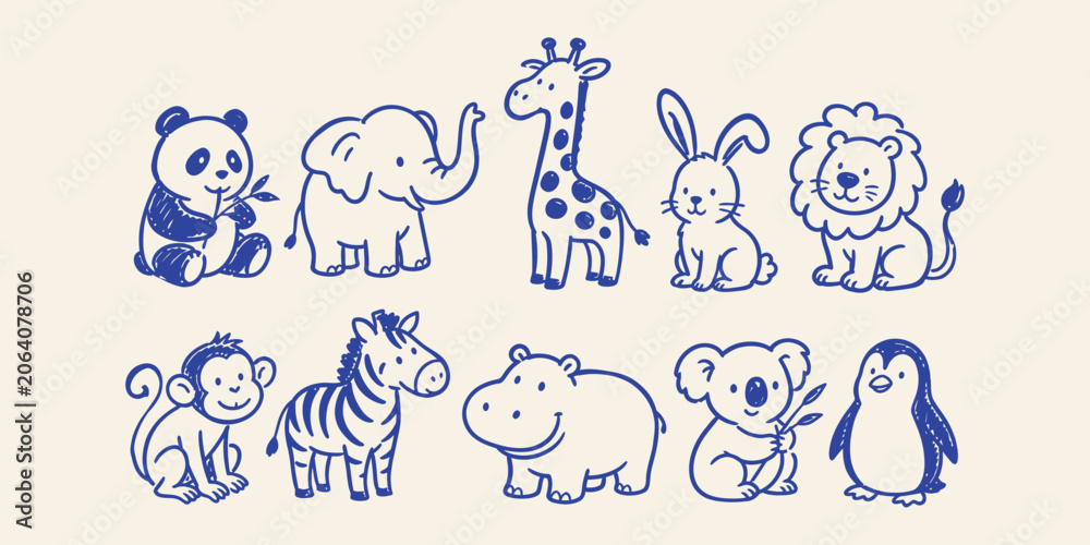 Fototapeta premium cute wild animals and zoo safari doodle icon set with panda elephant giraffe rabbit lion and monkey vector illustration