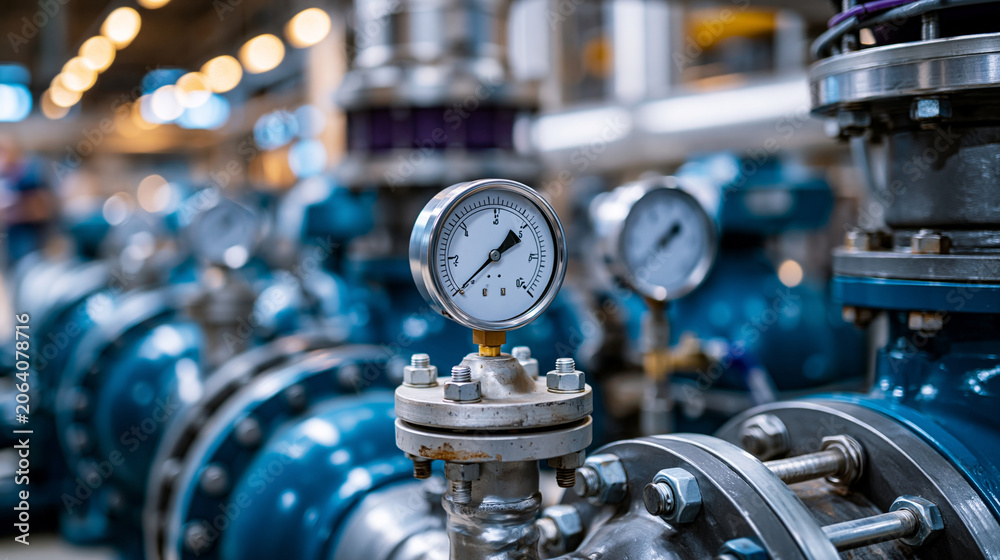 Fototapeta premium Mechanical room with water pumps, expansion joints and pressure meters with realistic metal textures, bolts, gauges and worn industrial surfaces, showing maintenance workflow, quality