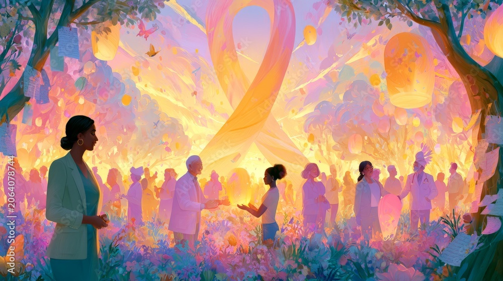 Fototapeta premium A vibrant community gathering for cancer awareness featuring diverse individuals, healthcare professionals, and supporters engaging in dialogue. Ideal for educational campaigns, healthcare promotion,