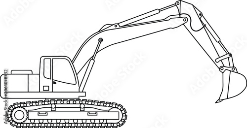 Excavator outline with articulated boom and bucket for construction industry concept