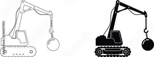 Wrecking ball excavator line art and silhouette on white for demolition and construction concepts
