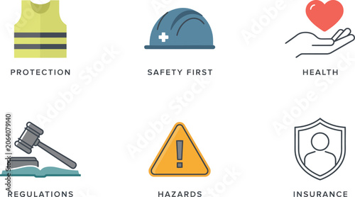 Workplace safety icons with hard hat vest health law hazards insurance concepts on white background