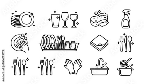 Tableau sur toile Clean dishes and dishwashing vector icon set with sponge soap and tableware