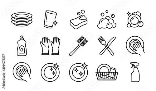 фотографія Clean dishes line icon vector set with plates sponge soap bubbles and tableware
