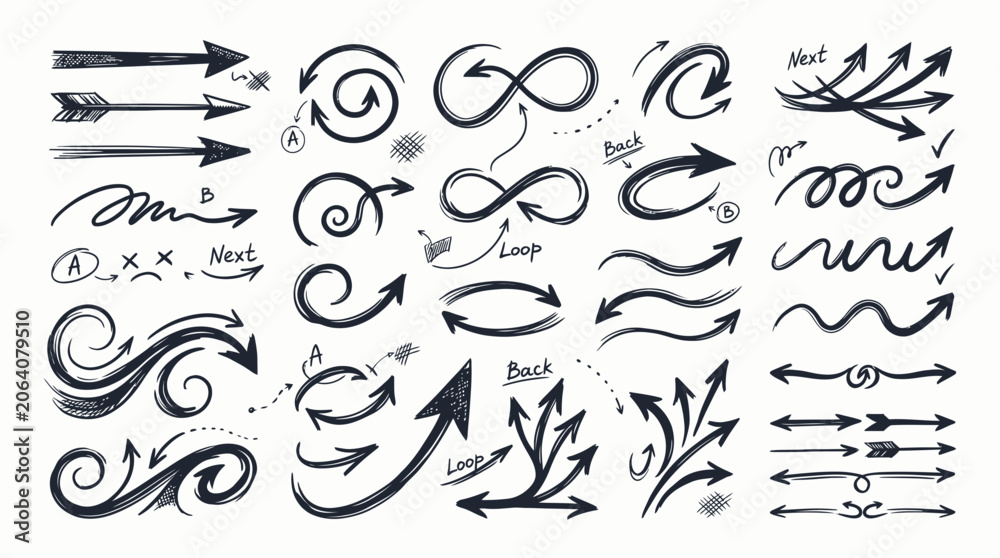 Fototapeta premium Hand-Drawn Arrow Collection: Direction, Movement, and Design Elements