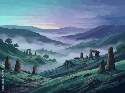 Bild auf Leinwand Misty Highland Hill Landscape Featuring Ancient Standing Stones, Dolmen Megalith