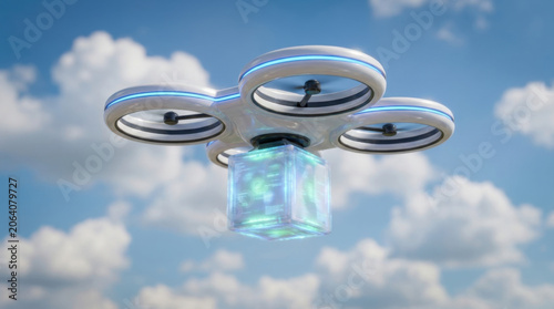 Drone delivery concept sleek white drone carrying package in blue sky with cloud