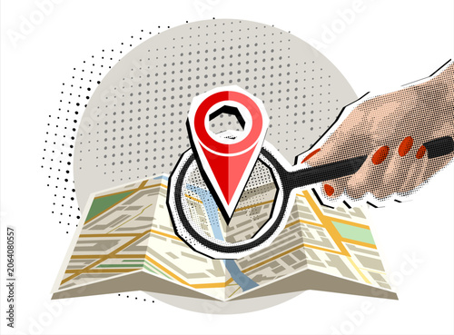 Trendy Halftone Collage Hand holding magnifying glass,location pin above map. Delivery route. Travel way and find trip. GPS point navigation. Transport logistic.Modern collage style. Vector 