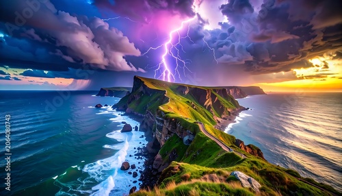 A dramatic seascape with a lightning storm over a rugged coastline (10)