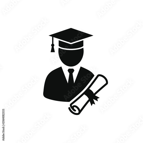 Black and white icon representing a graduate student holding a diploma.